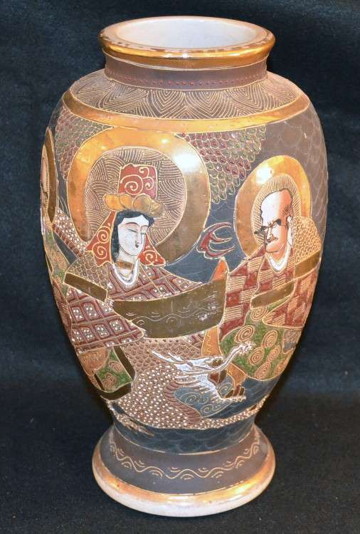   Satsuma Moriage Vase Drilled Lamp Base w Dragon Geisha Samurai  